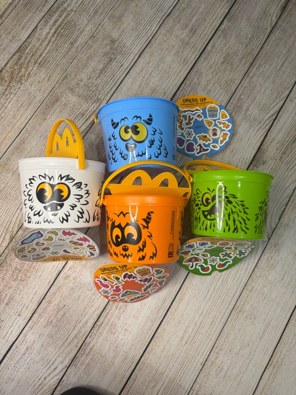 COMPLETE Set 2024 McDonald's Halloween Boo Buckets - All 4 Colors + Stickers
